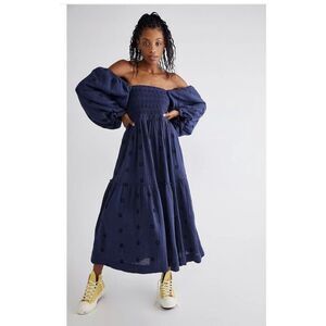Gauze Maxi-Dress Dahlia Print Smocked Blue Size Small